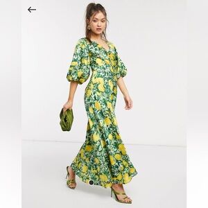 ASOS design Satin Trapeze puff sleeve Lemon Print - Coastal Italy Inspired